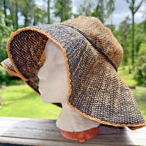 Papillon Floppy Sun Hat Womens One Size Peach Black Wide Brim Boho Beach